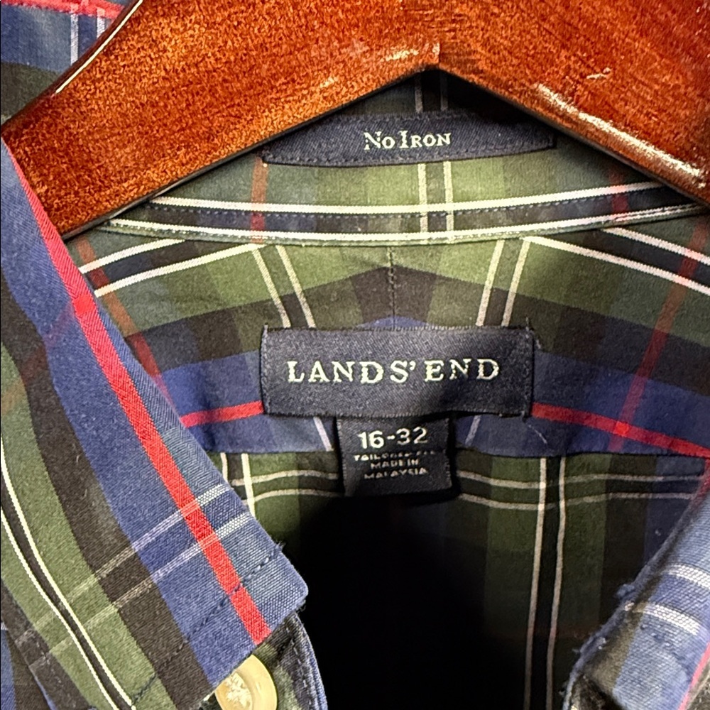 Lands' End Men's Casual Plaid Shirt - Green and Blue - Picture 2 of 6